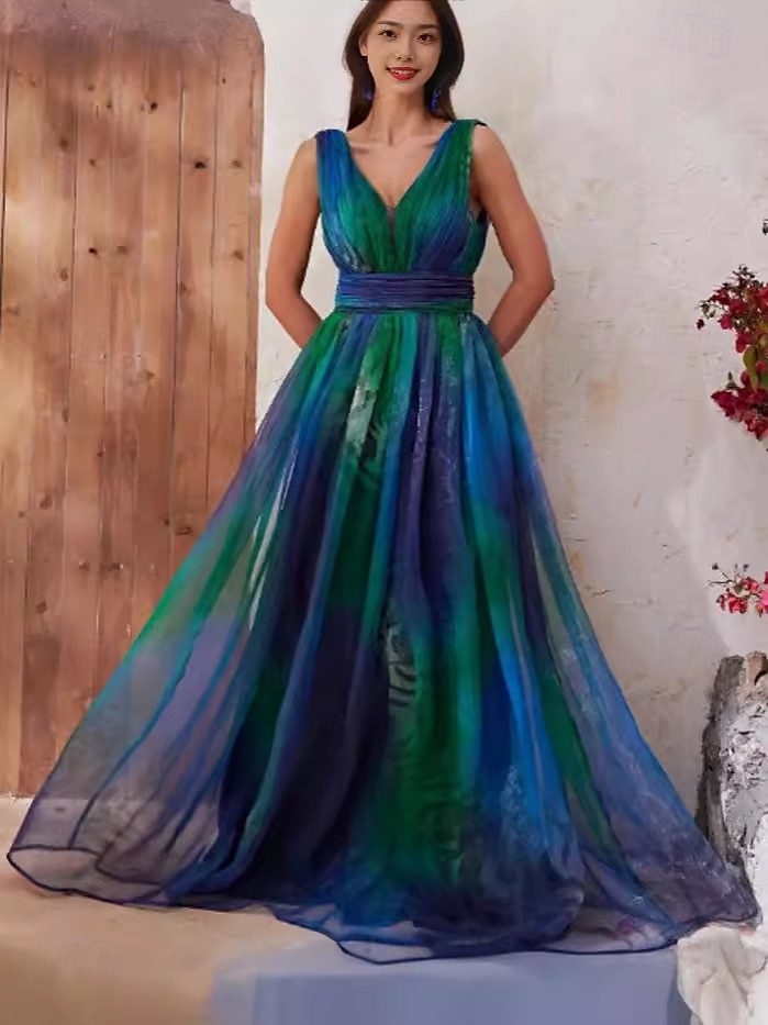 Vestido largo de gasa verde para mujer, estampado gráfico degradado de color, fruncido, escote en V, elegante, vintage, para el día de San Valentín, para el trabajo, sin mangas, para verano y 2025 - $74.99 –P3