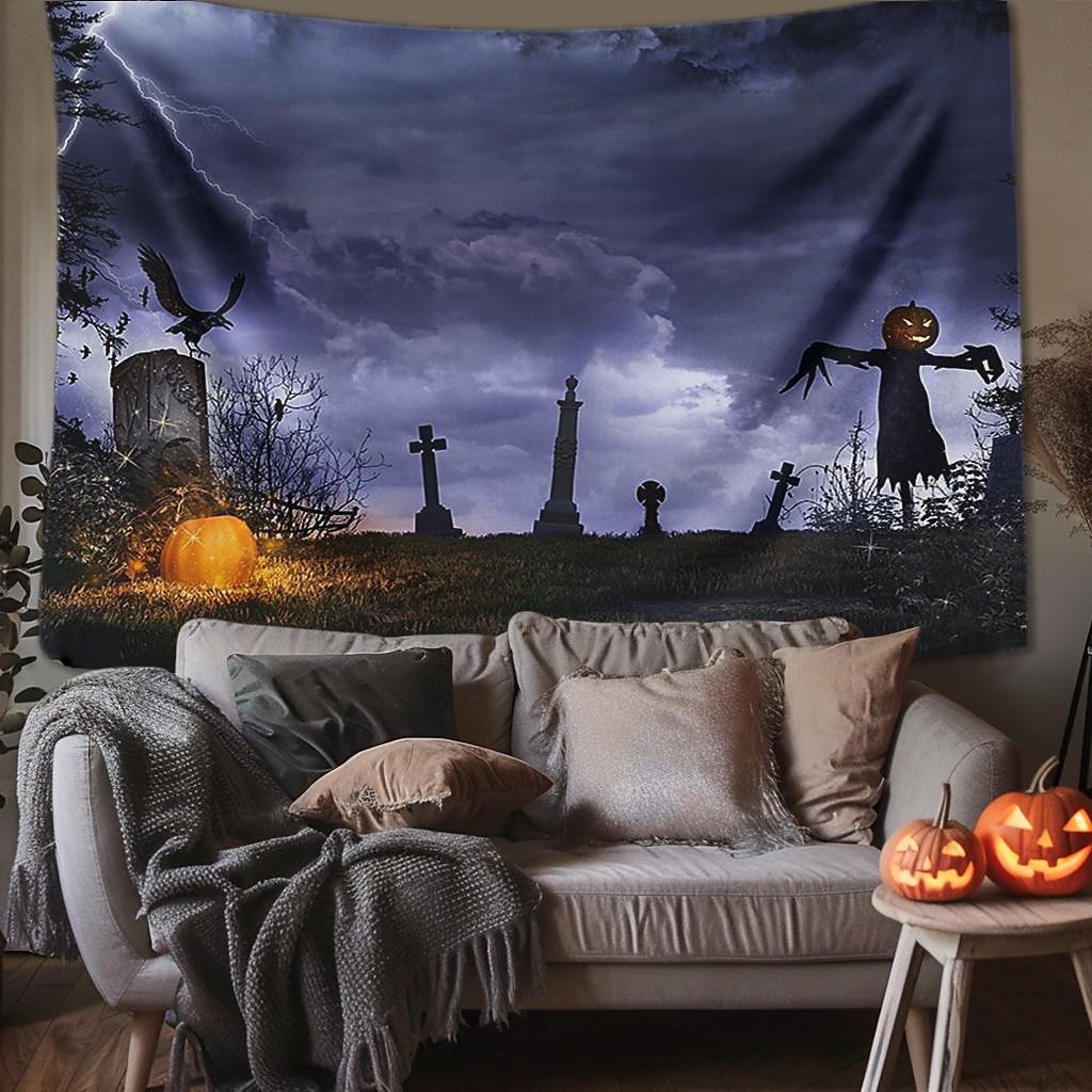 halloween dekorációk gobelin jack o lámpás tök dekor fal művészet nagy függő gobelin falfestmény dekoráció fénykép háttér takaró függöny otthon hálószoba nappali koponya csontváz denevér temető 2025 - $13.99 –P5