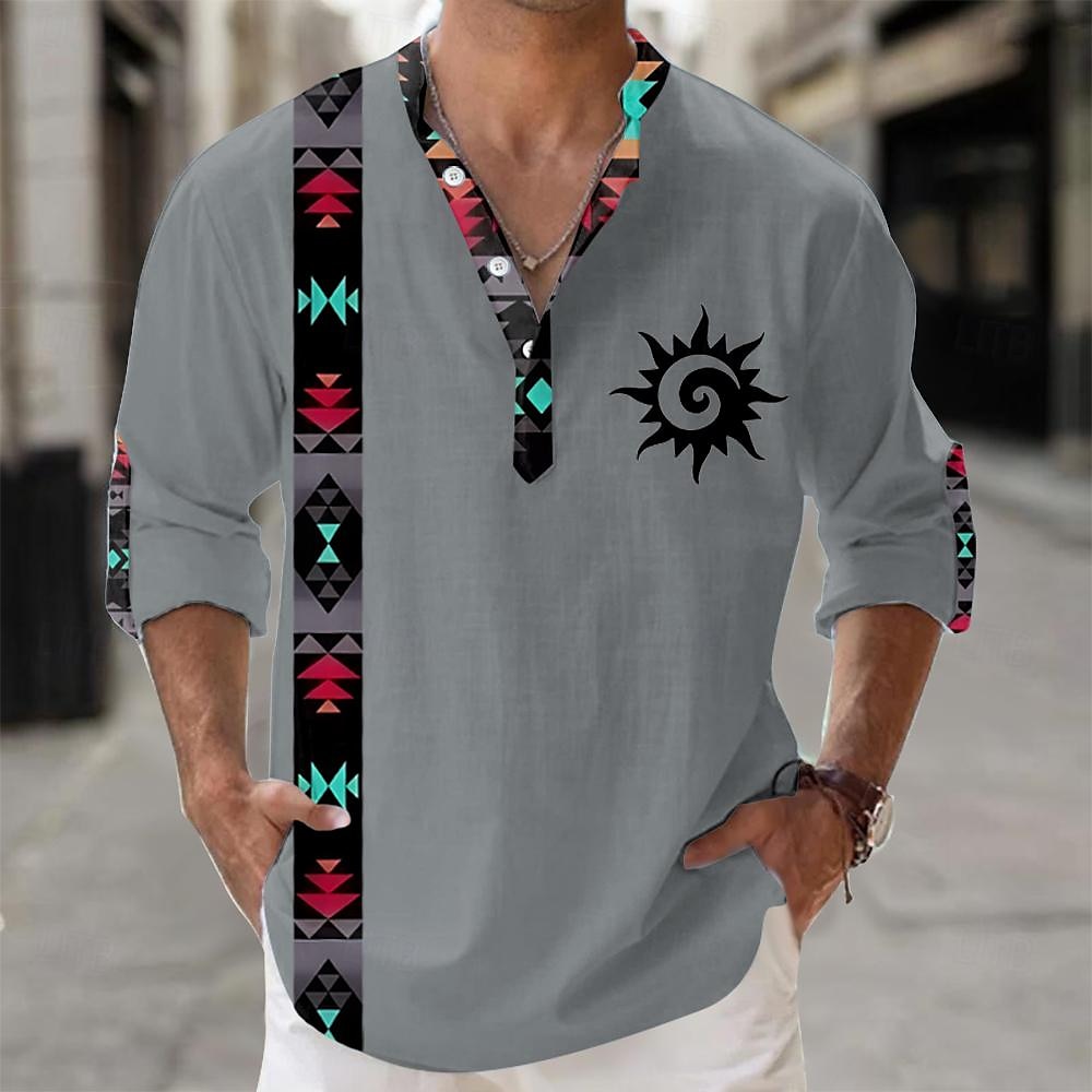 Men's Shirt Button Up Shirt Long Sleeve Tribal Fashion Casual Vacation Causal Casual Summer Spring & Fall Stand Collar Buttons Print White Yellow Blue Gray 2025 - $24.99 –P3