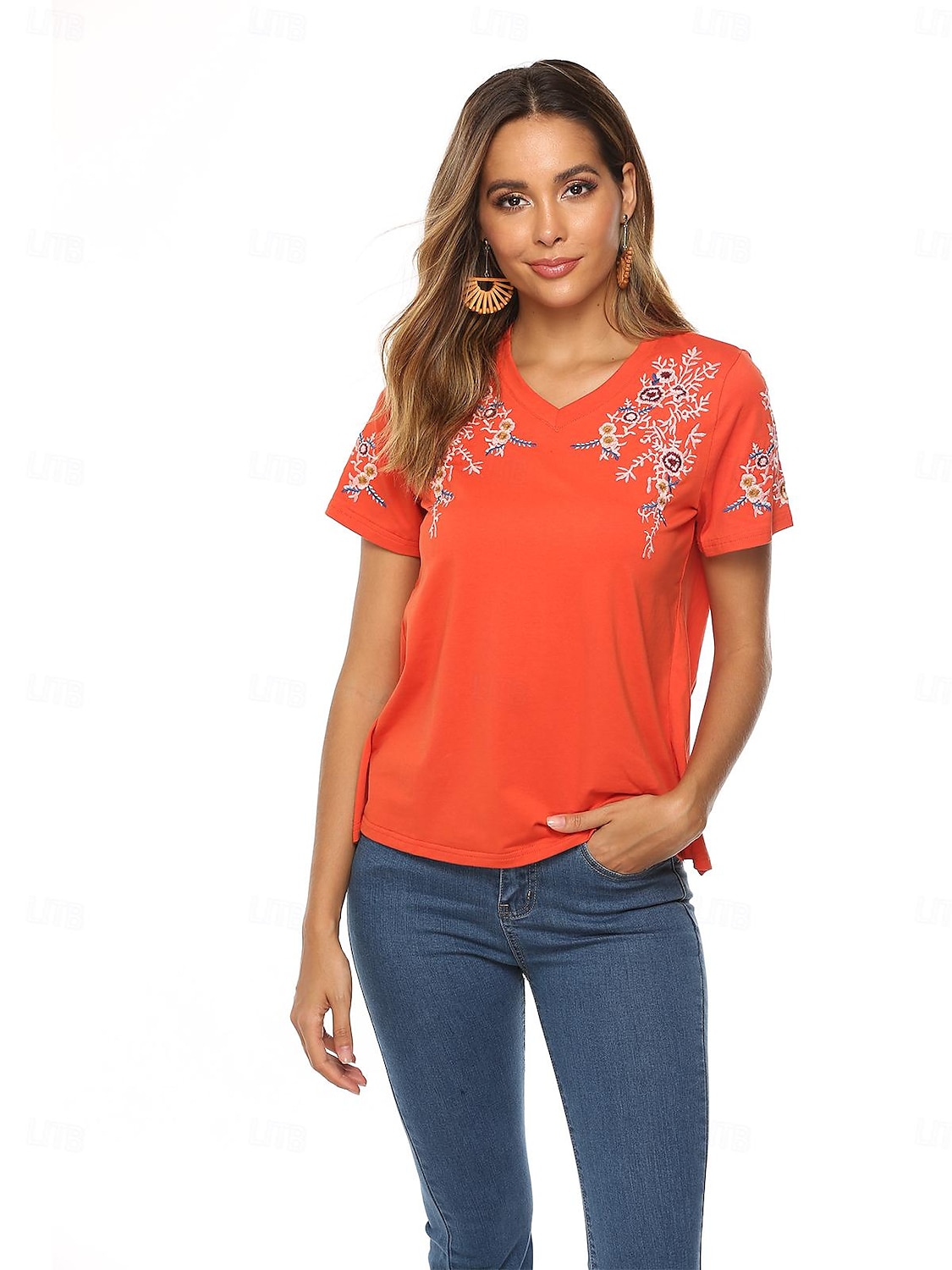 Thanksgiving Day Dame Boho T-skjorte Blomstret Bohem Fritid Kortermet Lanterne Erme V-hals Lange topper Daglig Ut på byen Helg Gul Oransje Vår 2025 - $18.99 –P6