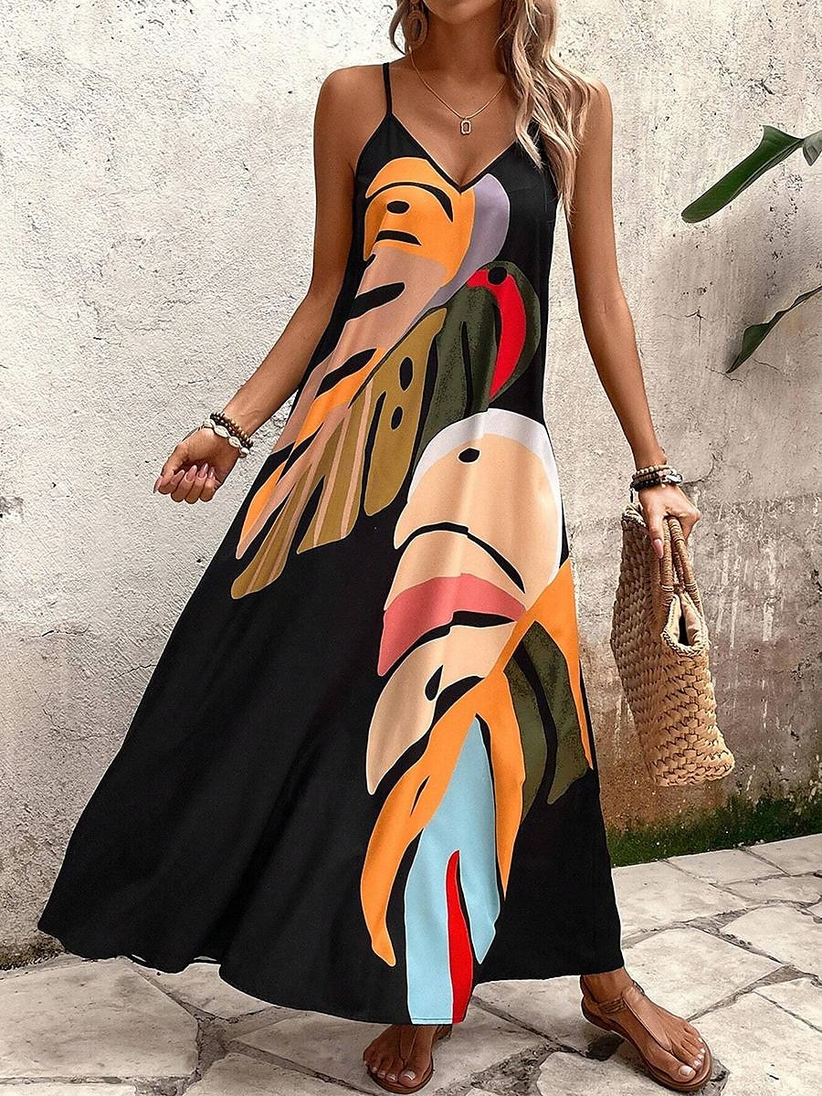 Robe Maxi Femme Robe Solaire Robe A Line Robe Florale Stylée Flottante Vacances Décontractée Plage Coupe Ample Peinture à l'Huile Sans Manches Col V Noir Été de 2025 ? $31.99 –P1