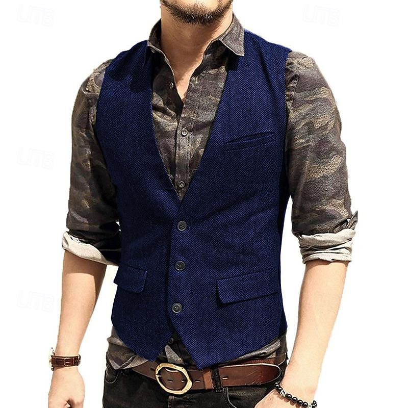 Voor heren Vest Bruiloft Evenement / Feest Dagelijks Modieus Zakelijk Lente zomer nappi Zak Polyester Comfortabel Effen Kleur Enkele knoopsluiting één knoop V-hals Normale pasvorm Zilver Donker Bruin 2025 - $38.99 –P7