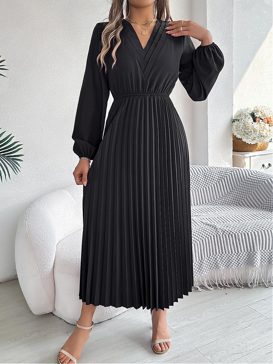Per donna Abito da lavoro Abito linea A Di tendenza Ufficio Moda da lavoro Rimborsate Abito lungo Abito lungo A pieghe A V Manica lunga Liscio Standard Nero Vino Marrone Primavera Autunno S M L XL del 2025 a $39.99 –P7