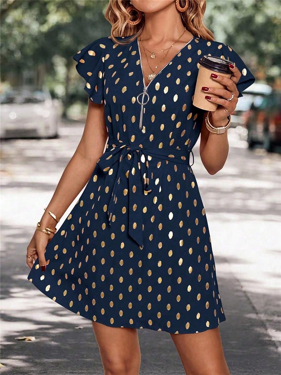 robe décontractée pour femme à pois, fermeture éclair, imprimé, col en V, mini robe élégante, décontractée, rendez-vous quotidien, manches courtes, été de 2025 ? $41.99 –P7