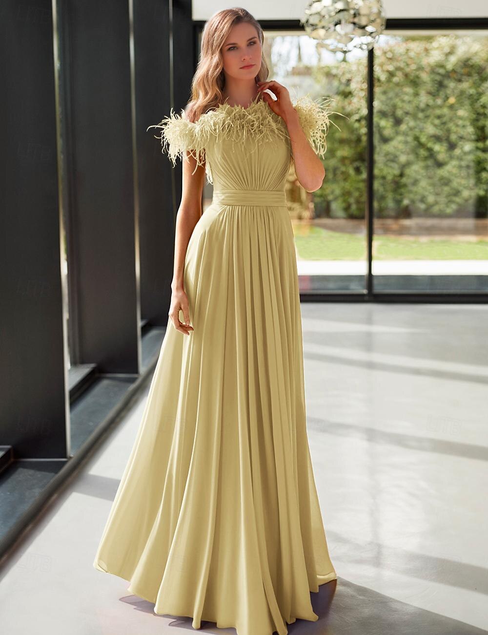 A-Line Evening Gown Elegant Dress Formal Floor Length Sleeveless Off Shoulder Stretch Chiffon with Feather Pleats 2025 2025 - $197.99 –P1