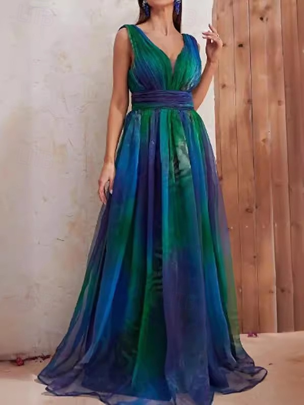 Vestido largo de gasa verde para mujer, estampado gráfico degradado de color, fruncido, escote en V, elegante, vintage, para el día de San Valentín, para el trabajo, sin mangas, para verano y 2025 - $74.99 –P1