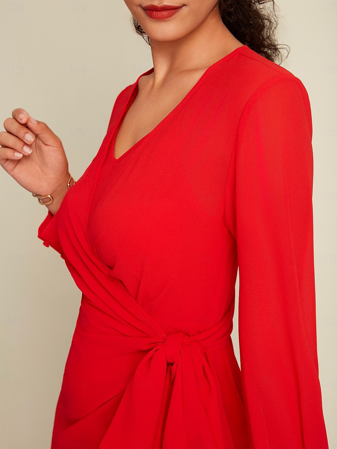 فستان شيفون أحمر سادة لحفلات الزفاف/حفلات الضيوف برباط أمامي ملفوف بأكمام طويلة طقم فستان لإبهار 2024 2025 - $97.99 –P13