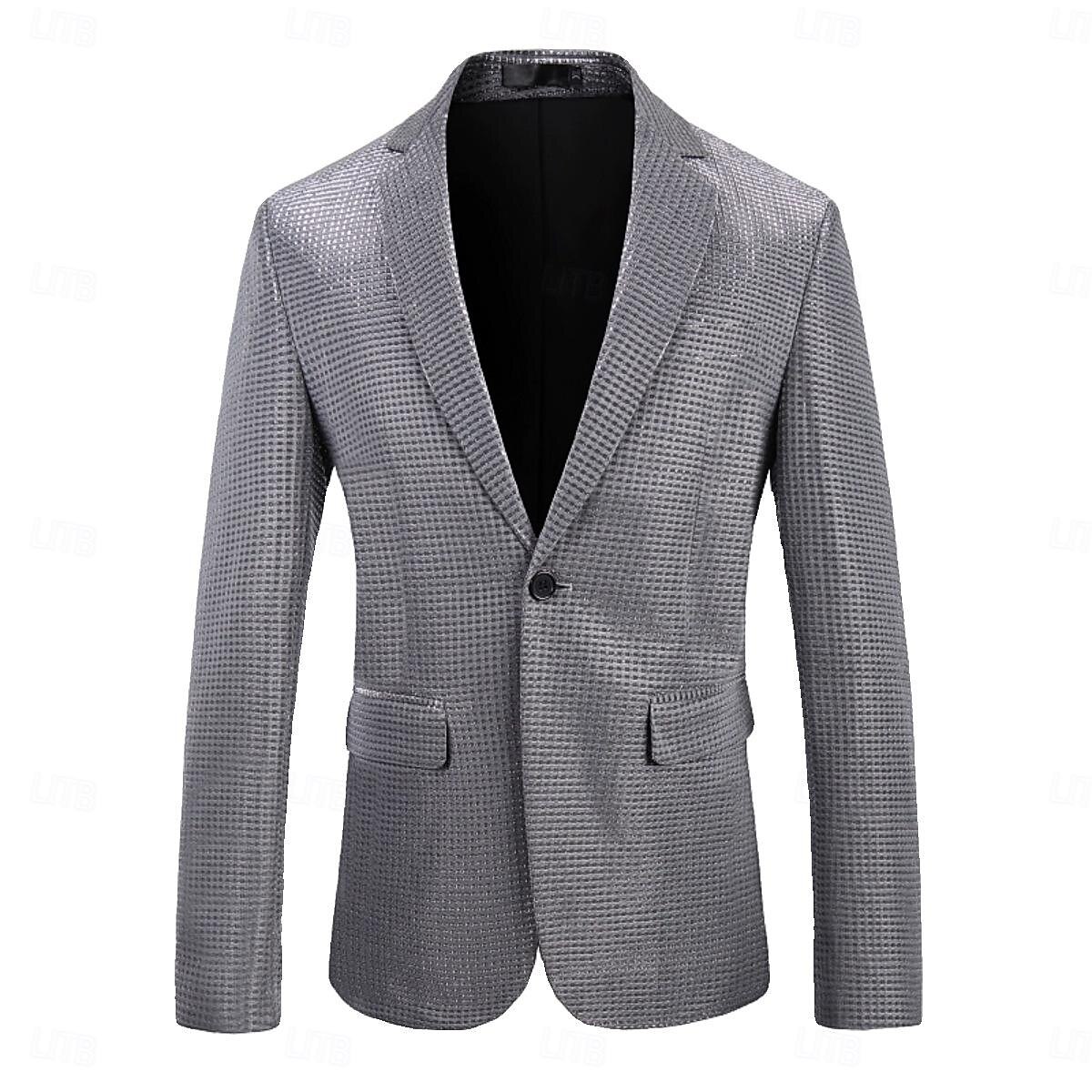 Herre Blazer Formell kveld Fritid / hverdag Søt Alle årstider 65%Cotton 35%Polyester Ensfarget / vanlig farge Paljetter Fritid Bryllup Enkeltkneppet Blazer Sølv Svart Rød Blå 2025 - $83.99 –P7