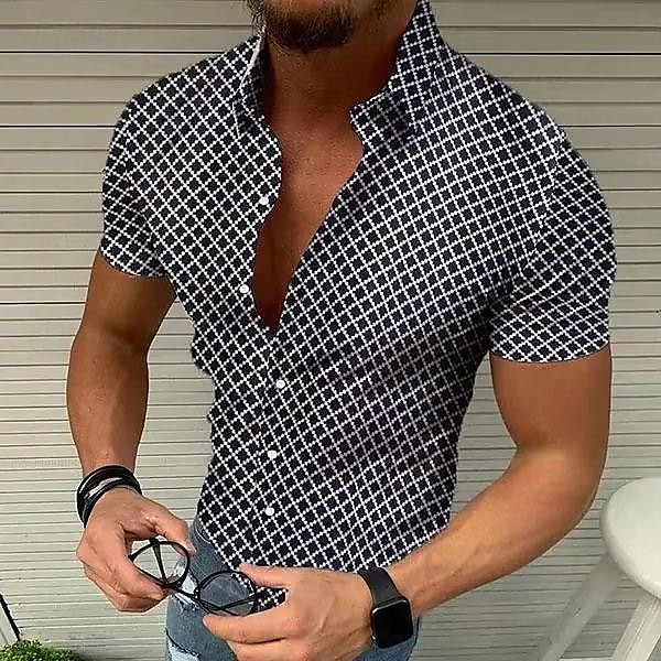 Men's Geometric Pattern Lattice Shirt Short Sleeve Designer Beach Casual Summer Turndown Print Black White Red Blue Green 2025 - $24.99 –P3