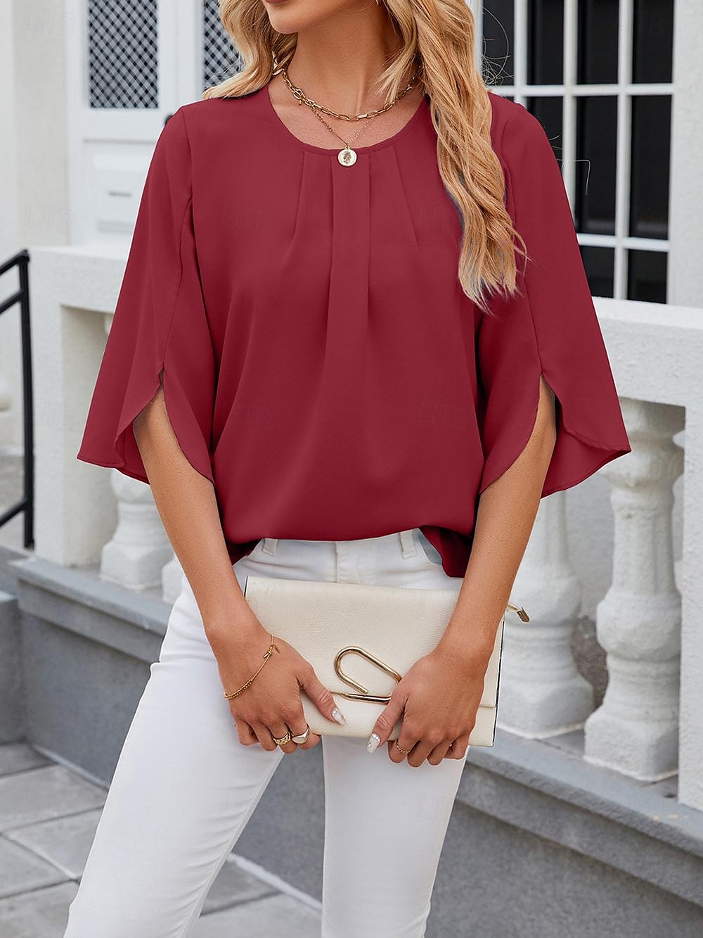 Shirt Blouse Women's White Pink Wine Plain Sexy Street Daily Fashion Round Neck Regular Fit S 2025 - $29.99 –P12