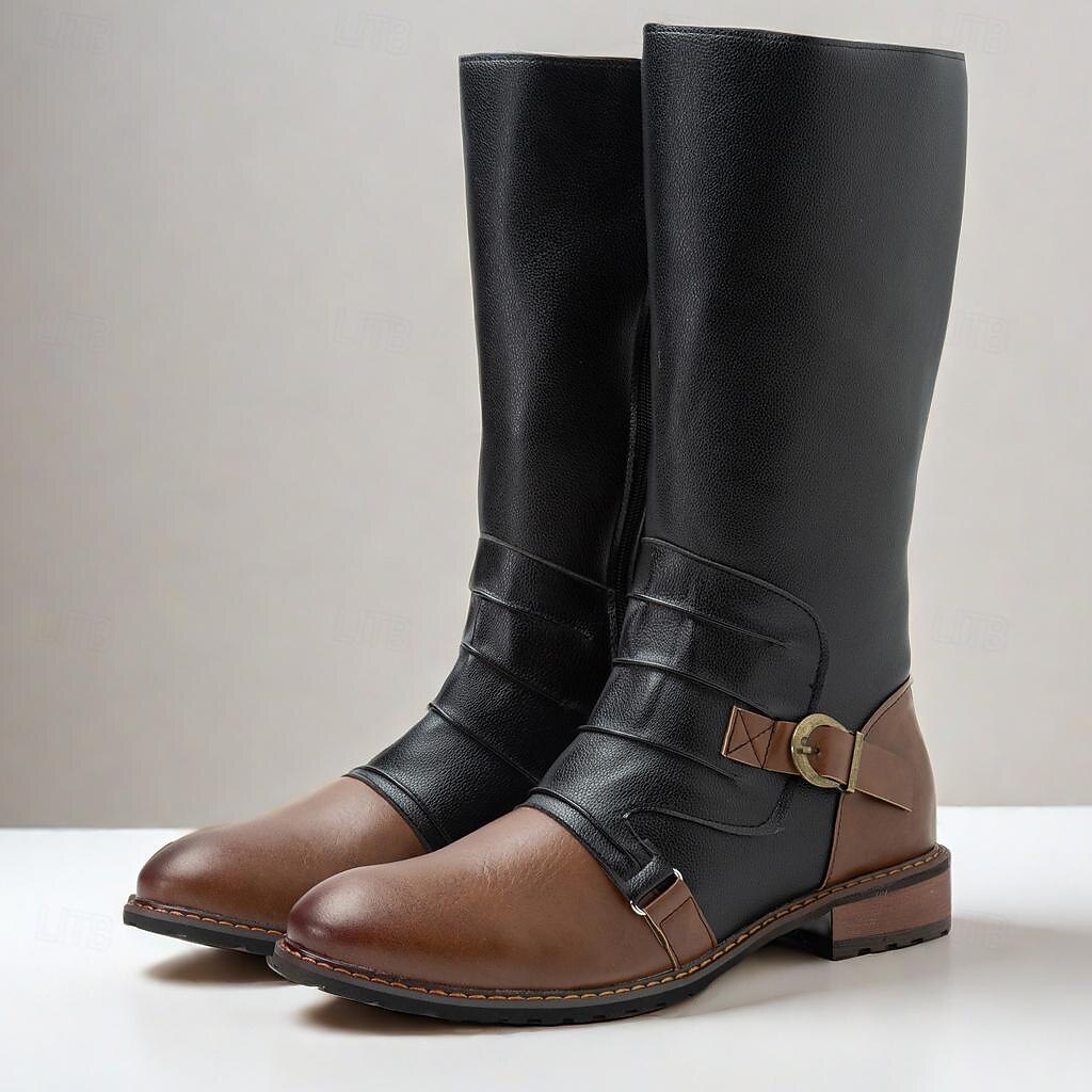 Men's Vintage Black and Brown Leather Riding Boots - Retro Knee-High Boots with Buckle Detail for Casual and Outdoor Wear 2025 - $69.99 –P1