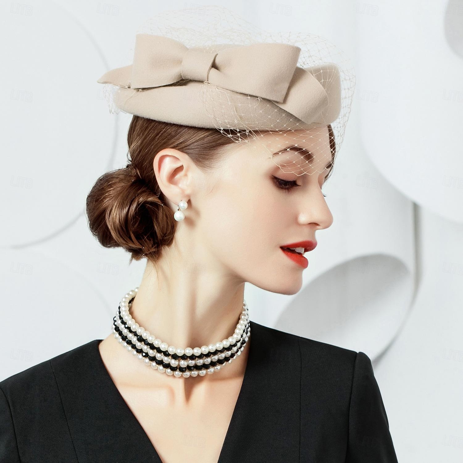 Kapelusze 100% wełna beret kapelusz fedora ślub koktajl elegancki ślub z czystym kolorem tiulowe nakrycie głowy nakrycia głowy 2025 - $33.99 –P1