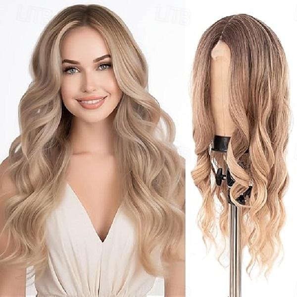 lunghe parrucche bionde con riga centrale parrucca ondulata con frangia parrucca sintetica in fibra naturale resistente al calore per feste evento cosplay uso quotidiano parrucche di carnevale del 2025 a $25.99 –P4