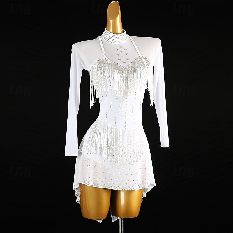 Latijnse dans Kleding Strass Kwastje Dames Prestatie Opleiding Lange mouw Hoog Spandex Tule 2025 - $180.99 –P2