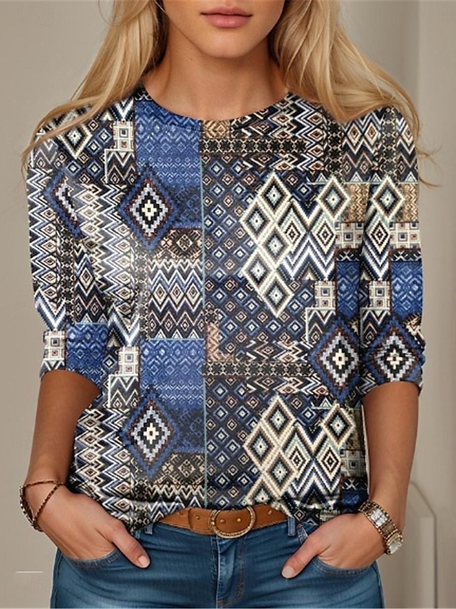 Women's T Shirt Color Block Geometry Fashion Modern Long Sleeve Crew Neck Regular Tops Vacation Daily Print Pink Blue Dark Green Green Spring & Fall 2025 - $28.55 –P2