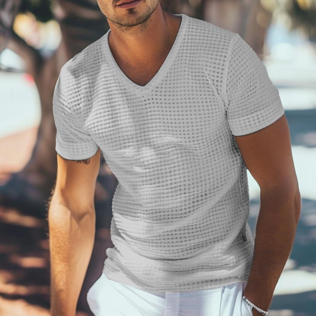 Herre Vaffel Henley-skjorte T-skjorte Kortermet V-hals Sommer Helfarge Mote Designer Bekvem Knapper utendørs Avslappet Daglig Hvit Kakifarget Topp T-skjorte for menn 2025 - $17.99 –P3
