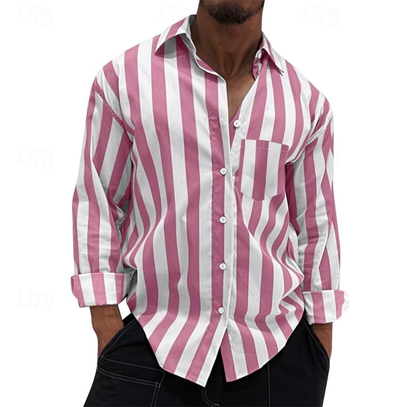 Voor heren Overhemd Zomer overhemd Normaal shirt Strand hemd Overhemd met knopen Gestreepte shirts Zwart Geel Lichtgroen Blozend Roze Koningsblauw Lange mouw Gestreept Revers Vakantie Hawaii 2025 - $22.99 –P16