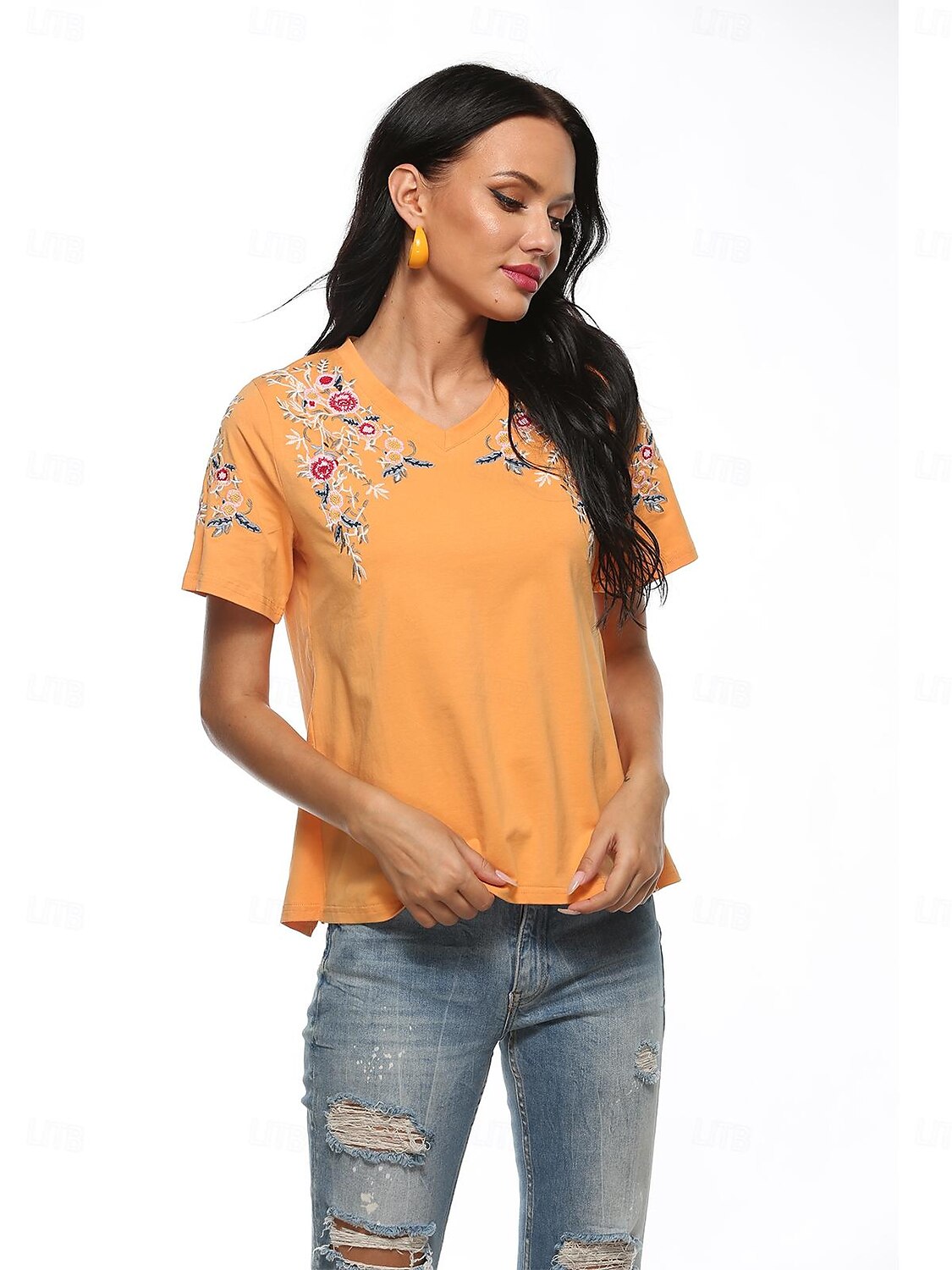 Thanksgiving Day Dame Boho T-skjorte Blomstret Bohem Fritid Kortermet Lanterne Erme V-hals Lange topper Daglig Ut på byen Helg Gul Oransje Vår 2025 - $18.99 –P13