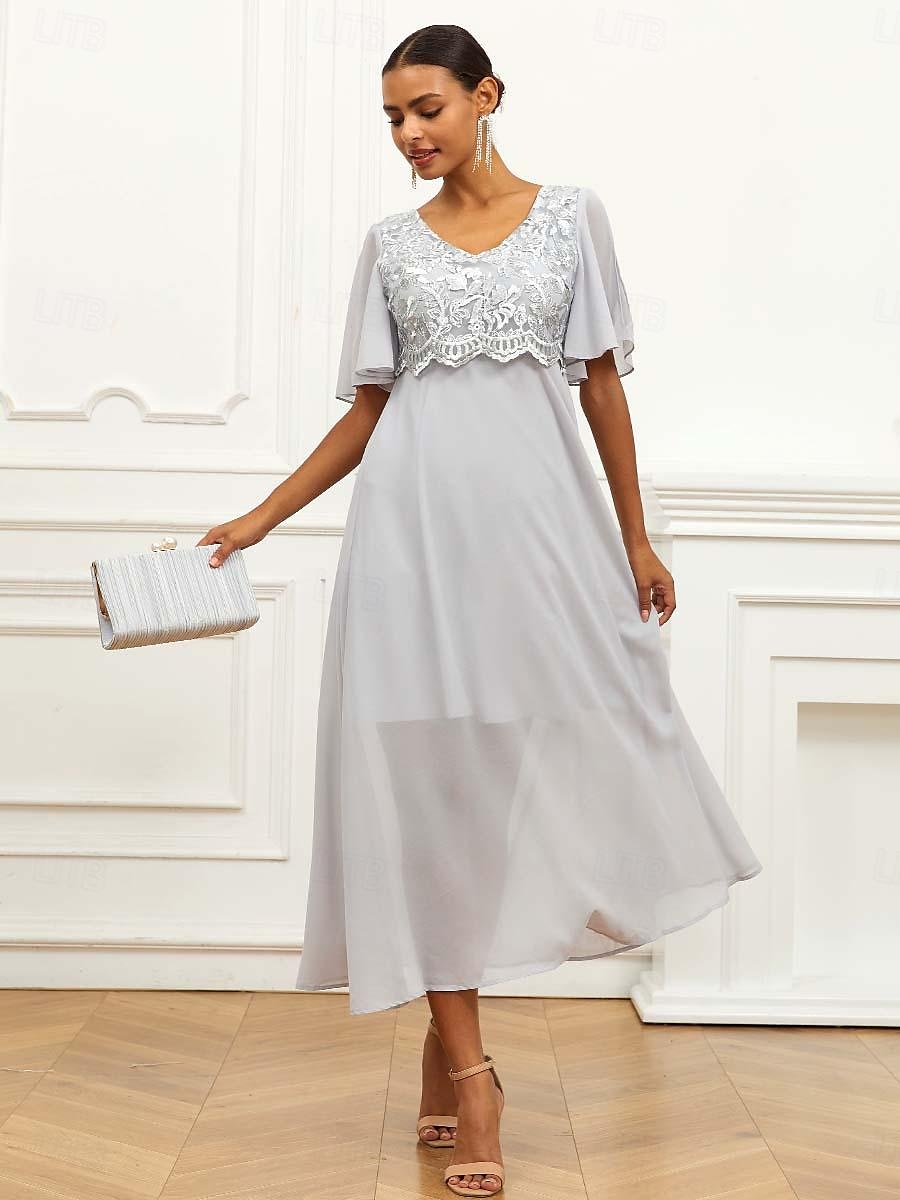 Per donna Abito linea A Poliestere Pizzo Con balze A V Manica a balza Manica corta Vestito maxi Invitati del matrimonio Cocktail party Elegante Da cerimonia Grigio Estate del 2025 a $49.99 –P4