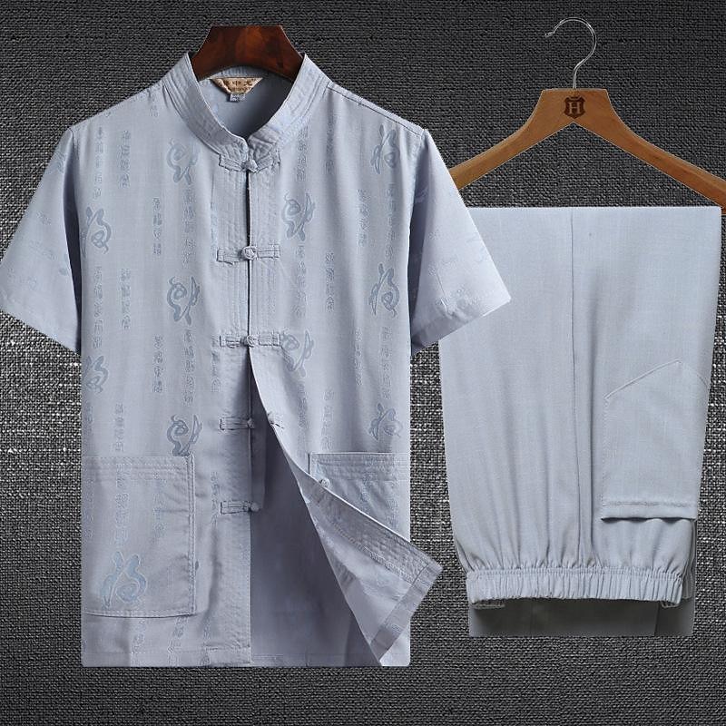 Men's T-shirt Suits Shirt and Pant Sets 2 Pieces Outfits Short Sleeve Standing Collar Summer Chinese character Fashion Chinese Style Casual 2 Piece Vacation Daily Wear Going out White Beige Gray Top 2025 - $31.99 –P2