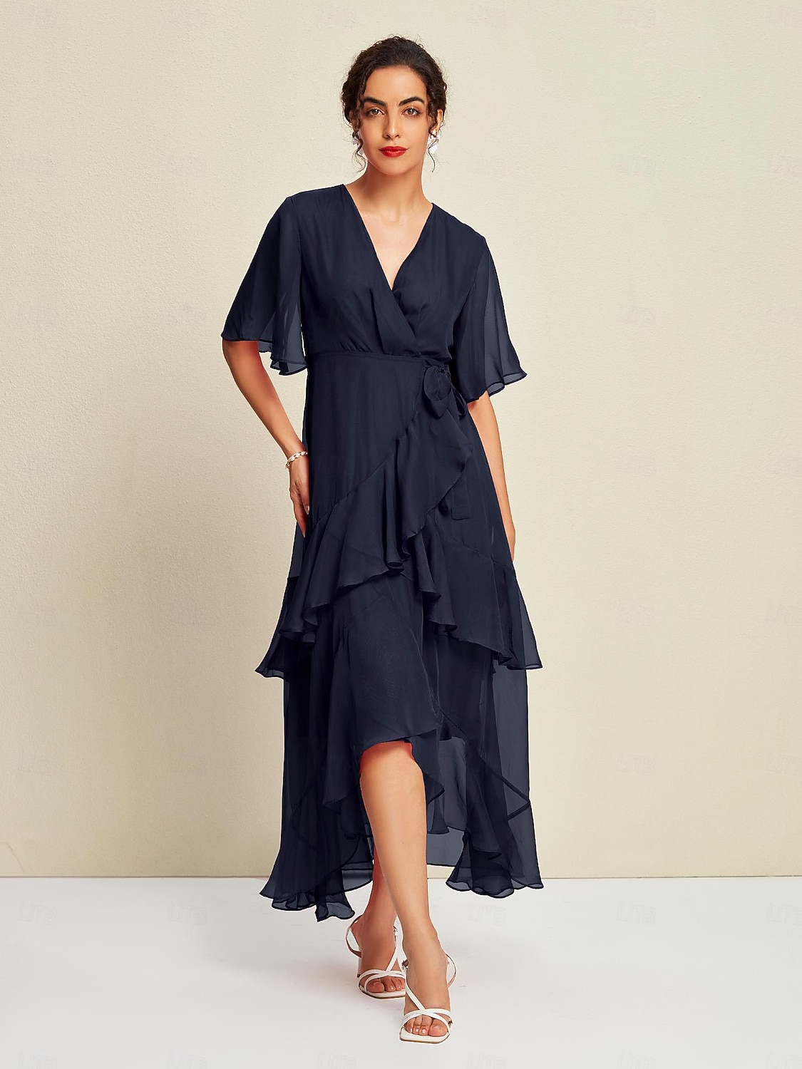 maxi abito in chiffon con maniche a volant non corrispondenti per gli invitati al matrimonio del 2025 a $79.99 –P4