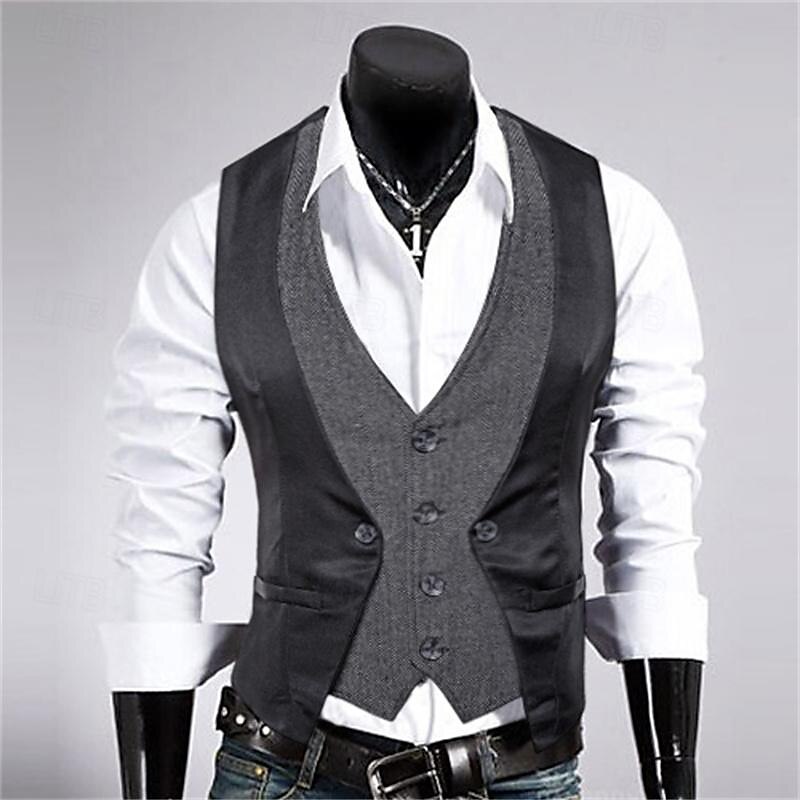 Men's Vest Gilet Wedding Event / Party Daily Fashion Business Spring & Fall Patchwork Button 2 in 1 Polyester Comfortable Color Block Single Breasted One-button V Neck Regular Fit Black Navy Blue 2025 - $29.99 –P10