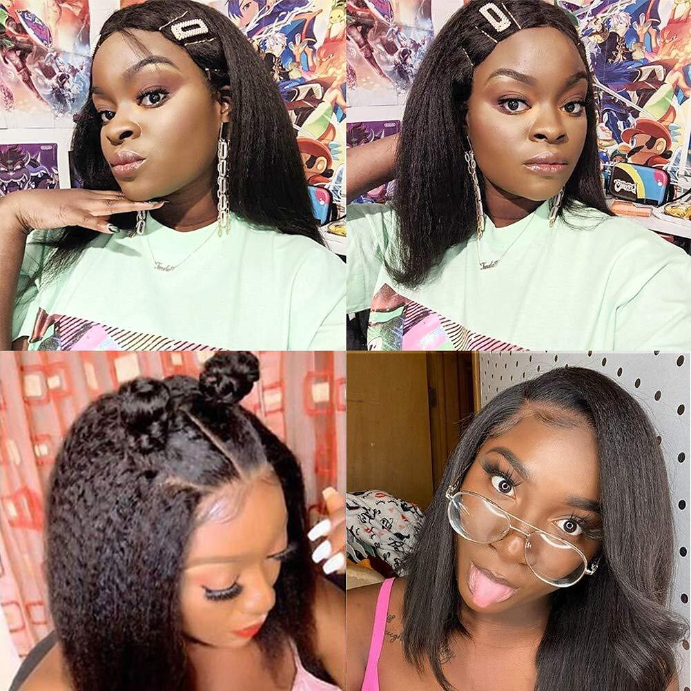 Human Hair Wig Short Medium Length kinky Straight Yaki Straight Side Part With Bangs Black Natural Color Natural Black Women Adjustable Thick Machine Made Capless Brazilian Hair All Natural Black #1B 2025 - $87.99 –P9