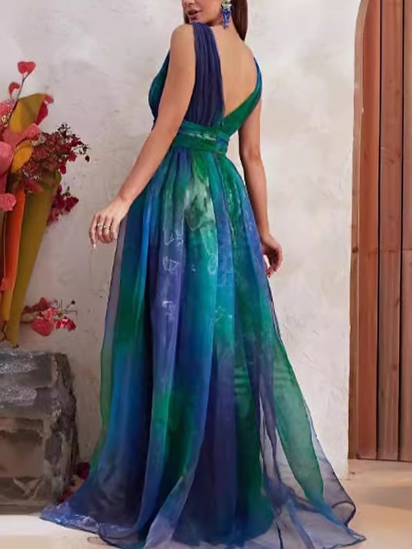 Vestido largo de gasa verde para mujer, estampado gráfico degradado de color, fruncido, escote en V, elegante, vintage, para el día de San Valentín, para el trabajo, sin mangas, para verano y 2025 - $74.99 –P2