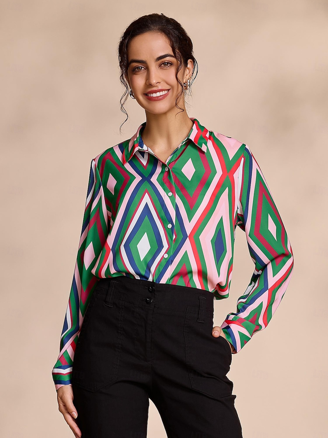 camicia casual con stampa geometrica in raso del 2025 a $5.59 –P1