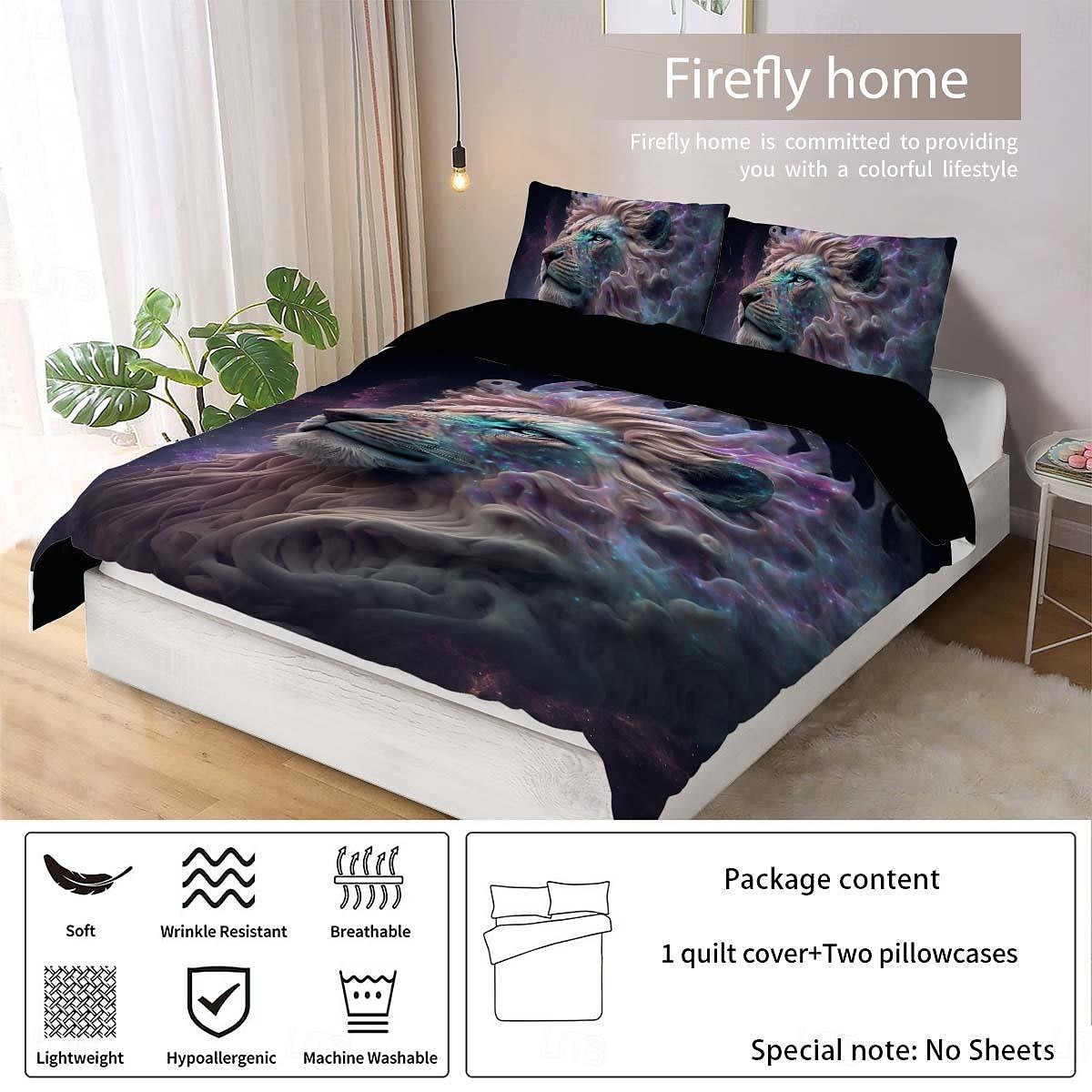 kleurrijke neon leeuwenkop 3-delige donzen dekbedovertrekset voor hotelslaapkamer gastenkamers bdding comfortset 2025 - $45.99 –P16