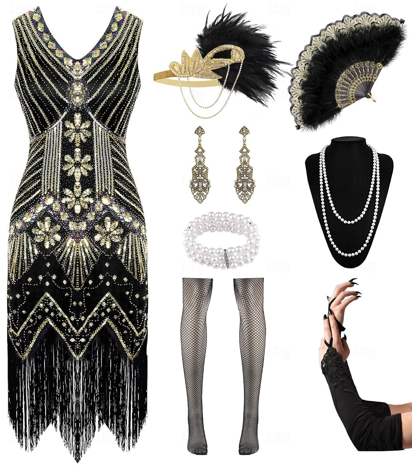 Goldene Zwanziger 1920er Knielang Flapper Kleid Outfits Zubehörset Ärmellos Der große Gatsby Flapper-Mädchen Hochzeitsgast Pailletten Quastenfransen V Ausschnitt Kostüm Damen Club Abendgesellschaft 2026 - $60.99 –P1