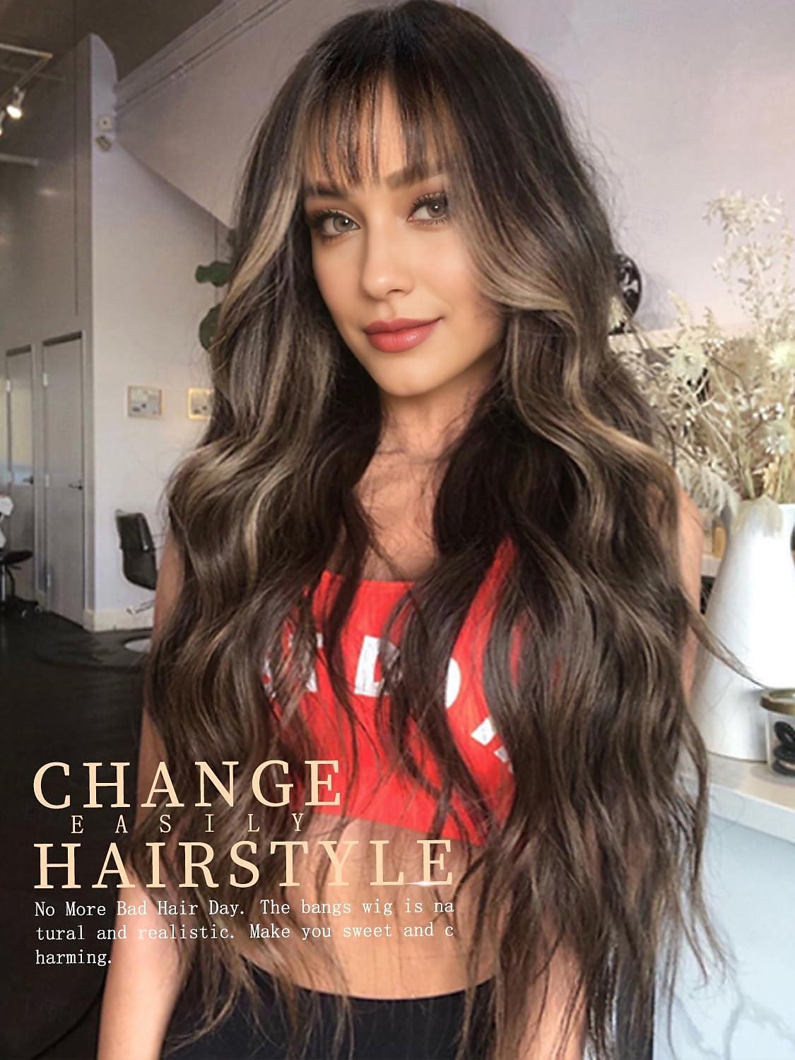 peruca marrom com franja para mulheres peruca de cabelo longo ondulado peruca marrom com mechas perucas sintéticas onduladas e cacheadas para meninas uso diário em festas perucas de carnaval de 2025 por $17.99 –P6