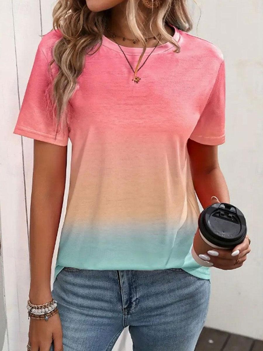 dame t-skjorte uformell gradient print kortermet vanlige topper rund hals daglig blå lilla grønn regnbue sommer 2025 - $19.99 –P5