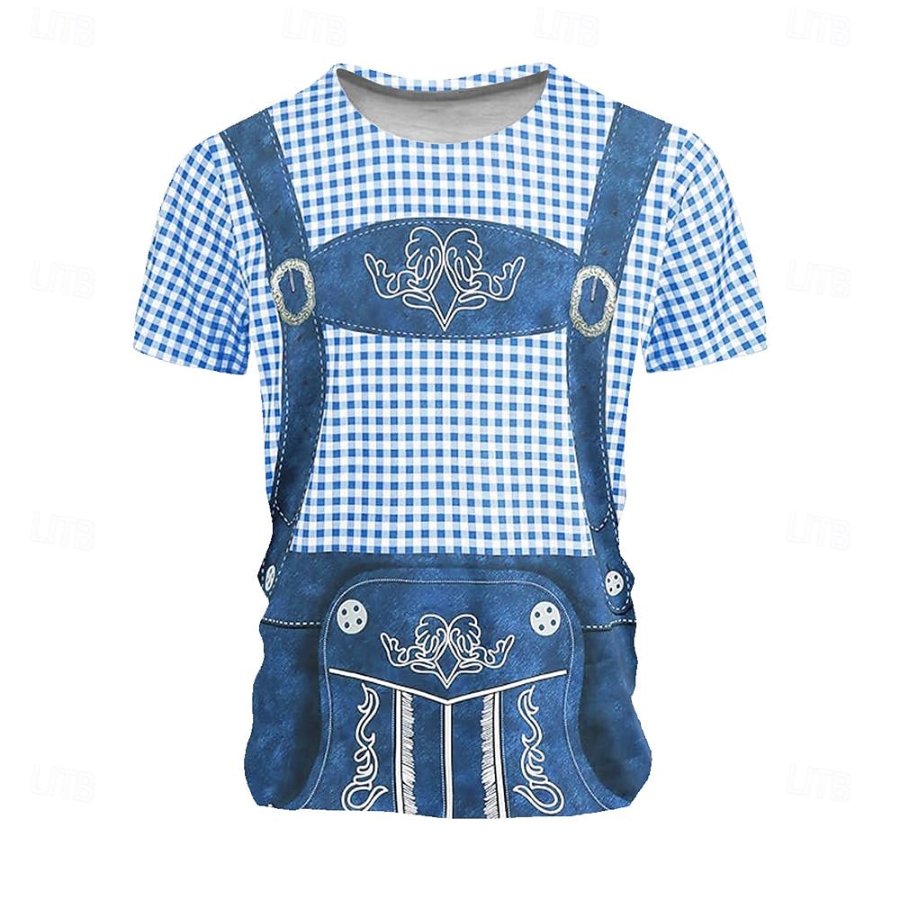 Oktoberfest Voor heren Ruitjes Duitsland dirndls T-shirt Korte mouw T-shirt 3D-afdrukken Strakke ronde hals Overhemd Vakantie overdreven Ontwerper Carnaval Feest Licht Blauw Blauw 1# Blozend Roze 2025 - $15.99 –P8