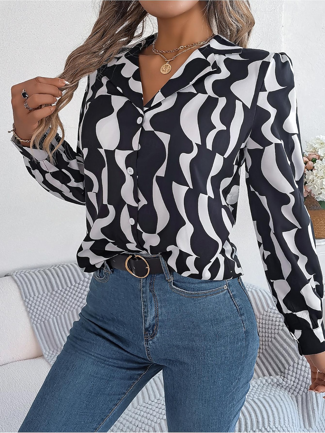 Dame Skjorte Bluse Fargeblokk Stilfull Moderne Langermet Skjortekrage Arbeid Knapper Svart Brun Kakifarget Vår Høst 2025 - $29.99 –P4