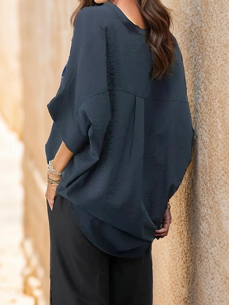 damebluse elegant stilig ensfarget rynket flaggermus-erm 3/4 lengde erme med hakk i halsen arbeid daglig hvit marineblå brun brun grønn sommer vår høst 2025 - $26.99 –P7