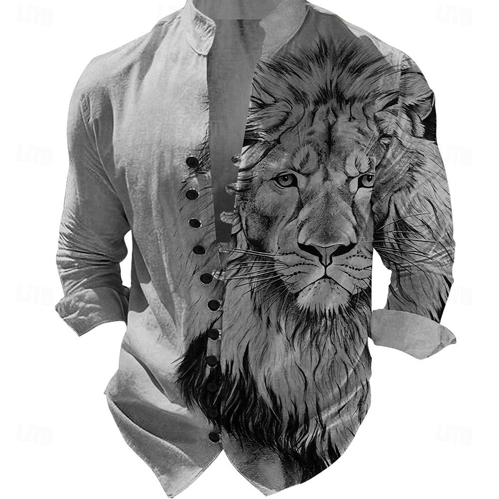 Men's Lion Shirt Button Up Shirt Long Sleeve Vintage Casual Daily Holiday Summer Spring Standing Collar Button Up 3D Print Blue Brown Gray 2025 - $24.99 –P3