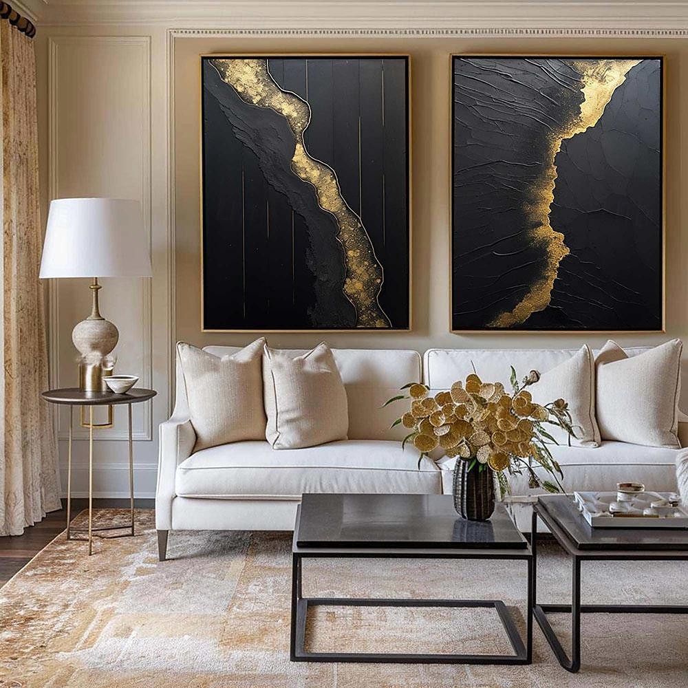 Wabi Sai Art, handgefertigtes schwarzes Wandkunstgemälde, handgemaltes schwarz-goldenes Strukturgemälde, Ölgemälde mit goldener Struktur, Wandkunst, schwarzes abstraktes Gemälde, Kunstgemälde im 2025 - $125.99 –P3