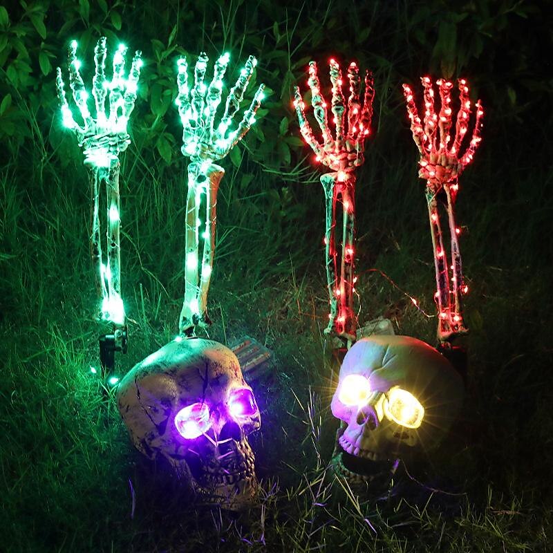 2 Stück Halloween-Skeletthand-Gartenlampe, Arme, Handpfähle, realistisch aussehende Halloween-Rasen-Gartendekor-Lichtrequisiten, LED-leuchtende Geisterhand in Totenkopfform, Plug-in-Lampe 2025 - $27.99 –P6