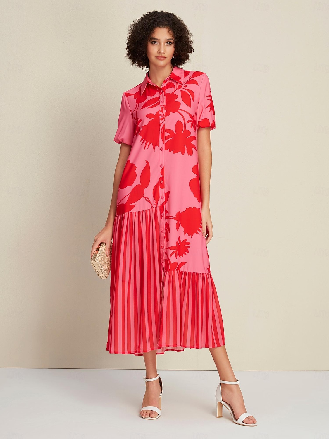 Damen Lockeres Kleid Elegantes Kleid Maxikleid Rosenrot Kurzarm Blumen Gestreift Drucken Asymmetrischer Saum Frühling & Sommer Hemdkragen Elegant S M L 2025 - $103.99 –P5