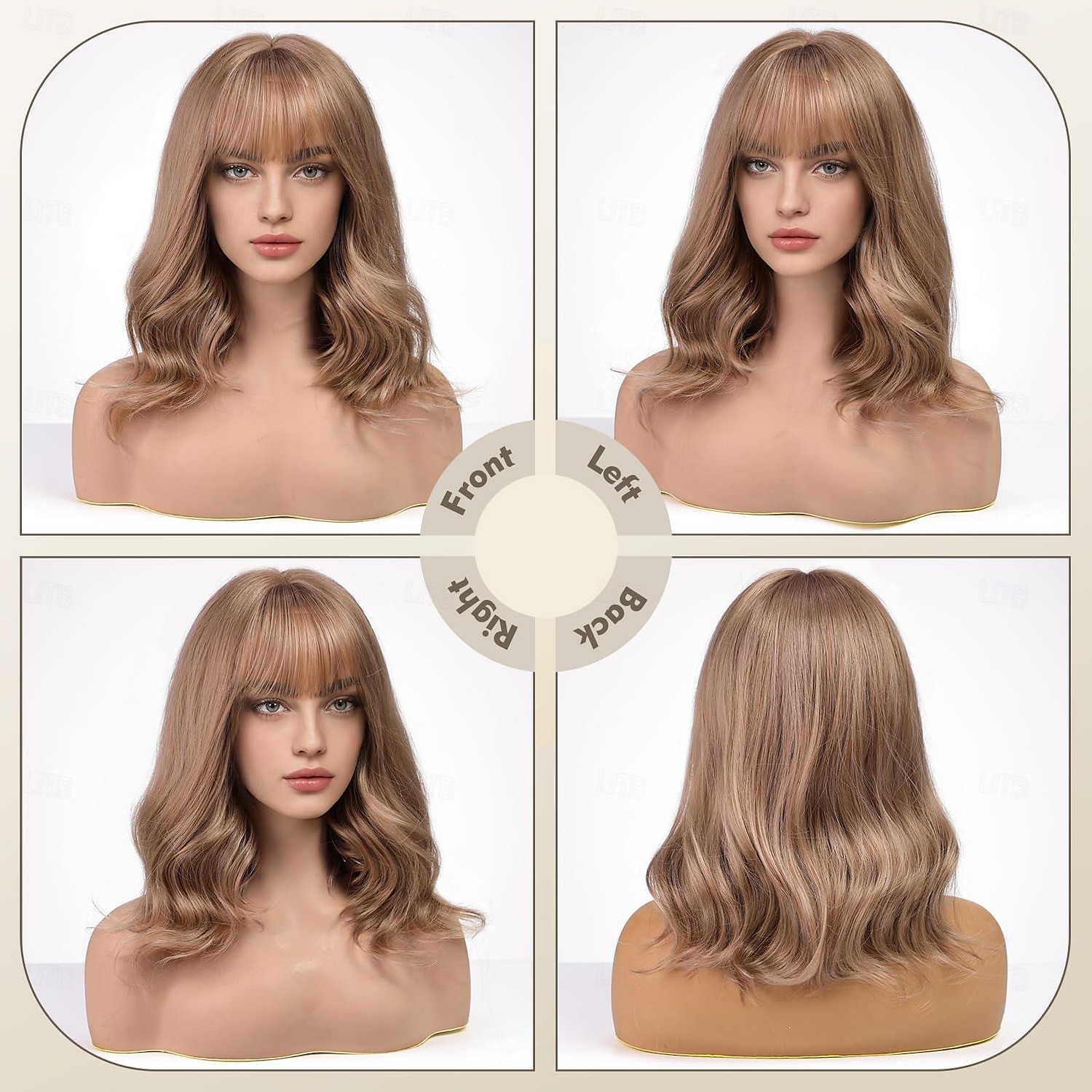Perruques courtes bouclées avec frange, perruques ondulées pour femmes, perruques blondes synthétiques résistantes à la chaleur, longueur d'épaule, aspect naturel, ombre marron clair de 2025 ? $17.49 –P4