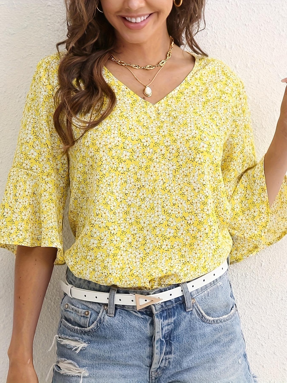 Dame Skjorte Bluse Dressy topper Blomstret Fritid 3/4 ermer Klokke V-hals Vanlige topper Feriereise Daglig Trykt mønster Gul Blå Grønn Vår sommer 2025 - $29.99 –P5