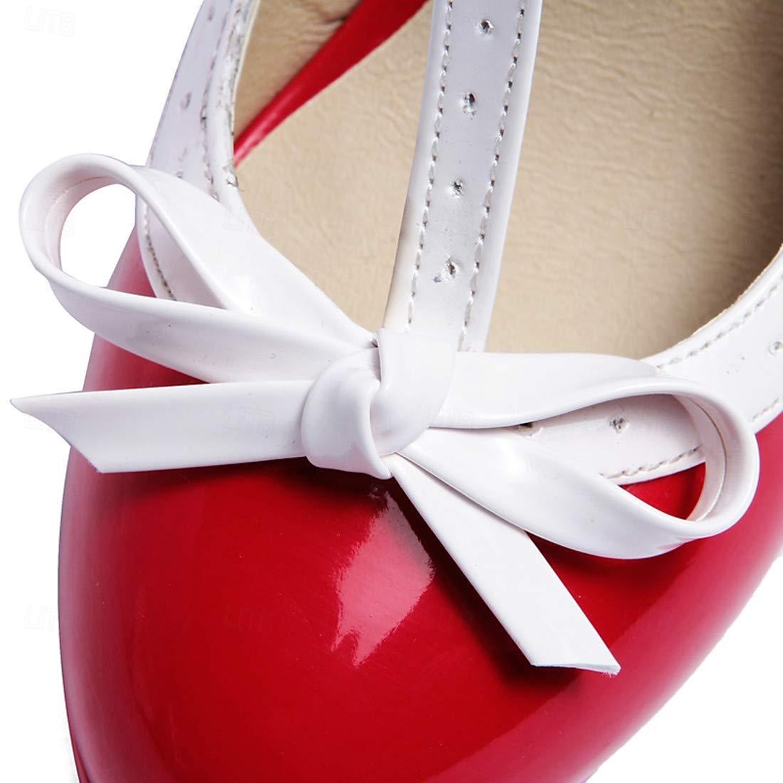 2026年 女性用ブラックパテントレザーTストラップハイヒール、ホワイトトリムと蝶結びの装飾付き - 特別な機会にぴったりのクラシックなレトロスタイル  コレクション – $46.99 –P4