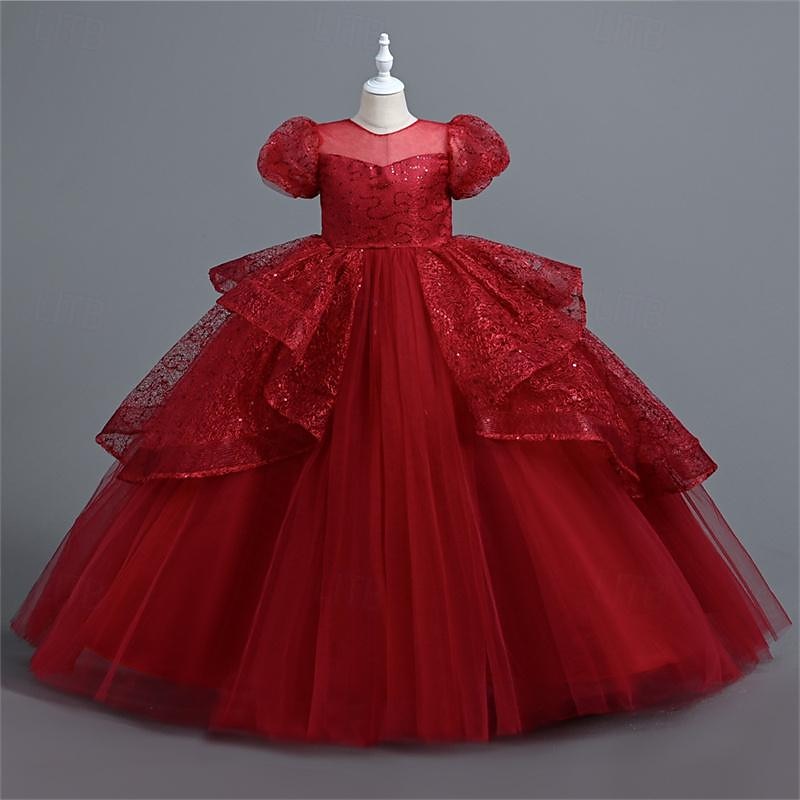 Flower Girl Dress Girls' Party Dress Performance Wedding Party Princess Beautiful Sweet Sequins Mesh Solid Color Short Sleeve Crew Neck White Pink 4-12 Years 2025 - $43.99 –P3