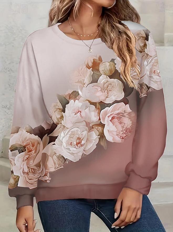 sweat-shirt femme imprimé floral vêtements de tous les jours sortie décontractée col rond manches longues micro-élastique printemps automne&amp;tissu doux et respirant pour le confort hivernal de 2025 ? $27.99 –P6