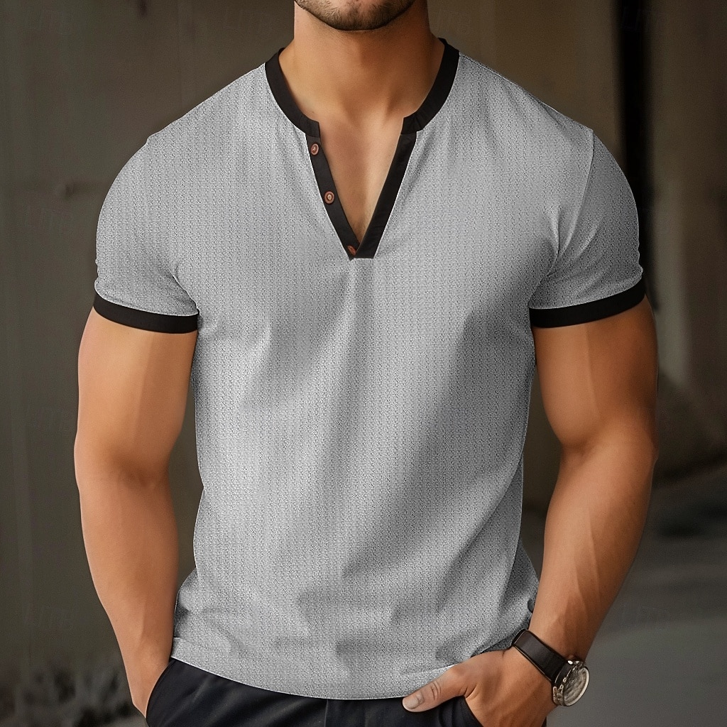 Męskie Koszula Henley z waflami Koszulka z dzianiny waflowej Koszulka Krótki rękaw Jednokolorowe Moda Designerskie Wygodny Guziki Dzianiny W serek Henley Na zewnątrz Codzienny Lato Czarny Biały 2025 - $17.99 –P4