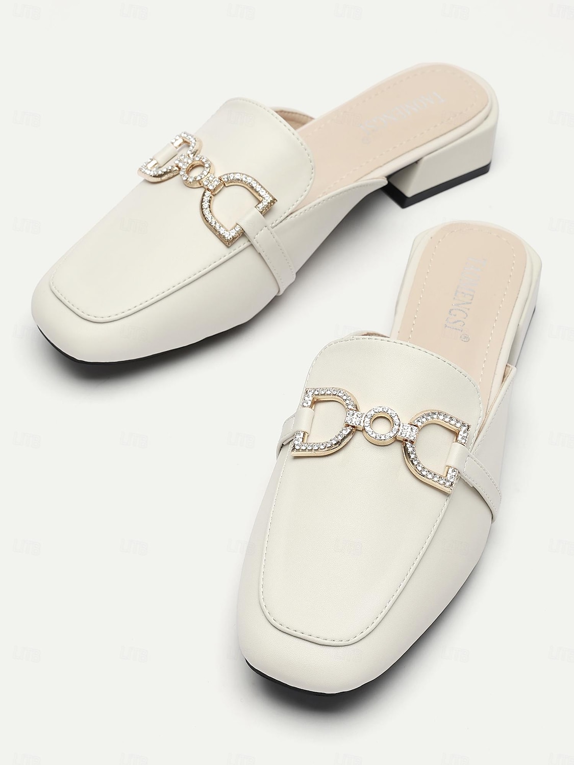 weiße Damen-Pantoletten aus Leder mit Strass-Schnalle – elegante Slipper zum Hineinschlüpfen für lässige und formelle Outfits 2025 - $34.99 –P1