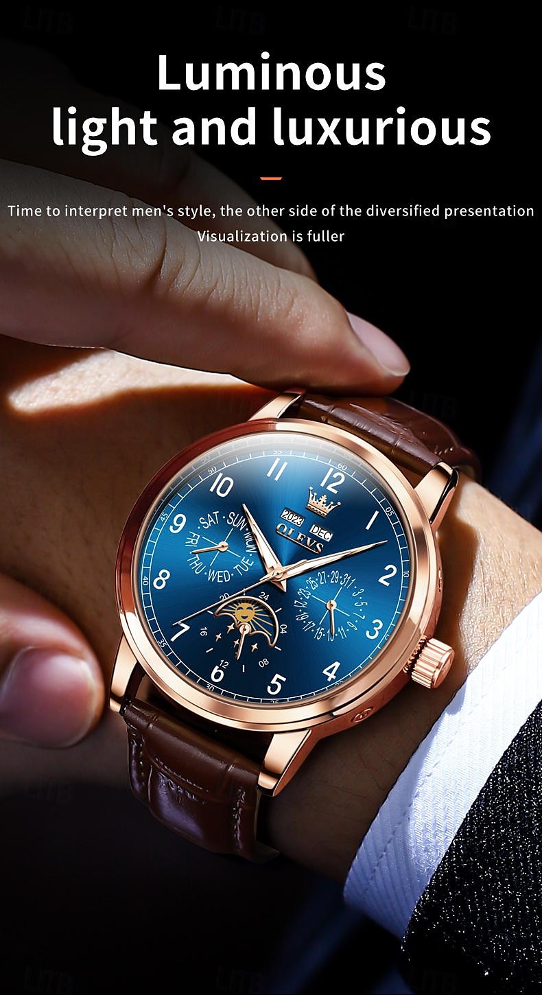 OLEVS Men Mechanical Watch Fashion Business Wristwatch Automatic Self-winding Moon phase Luminous Perpetual Calendar Leather Watch 2025 - $111.99 –P3