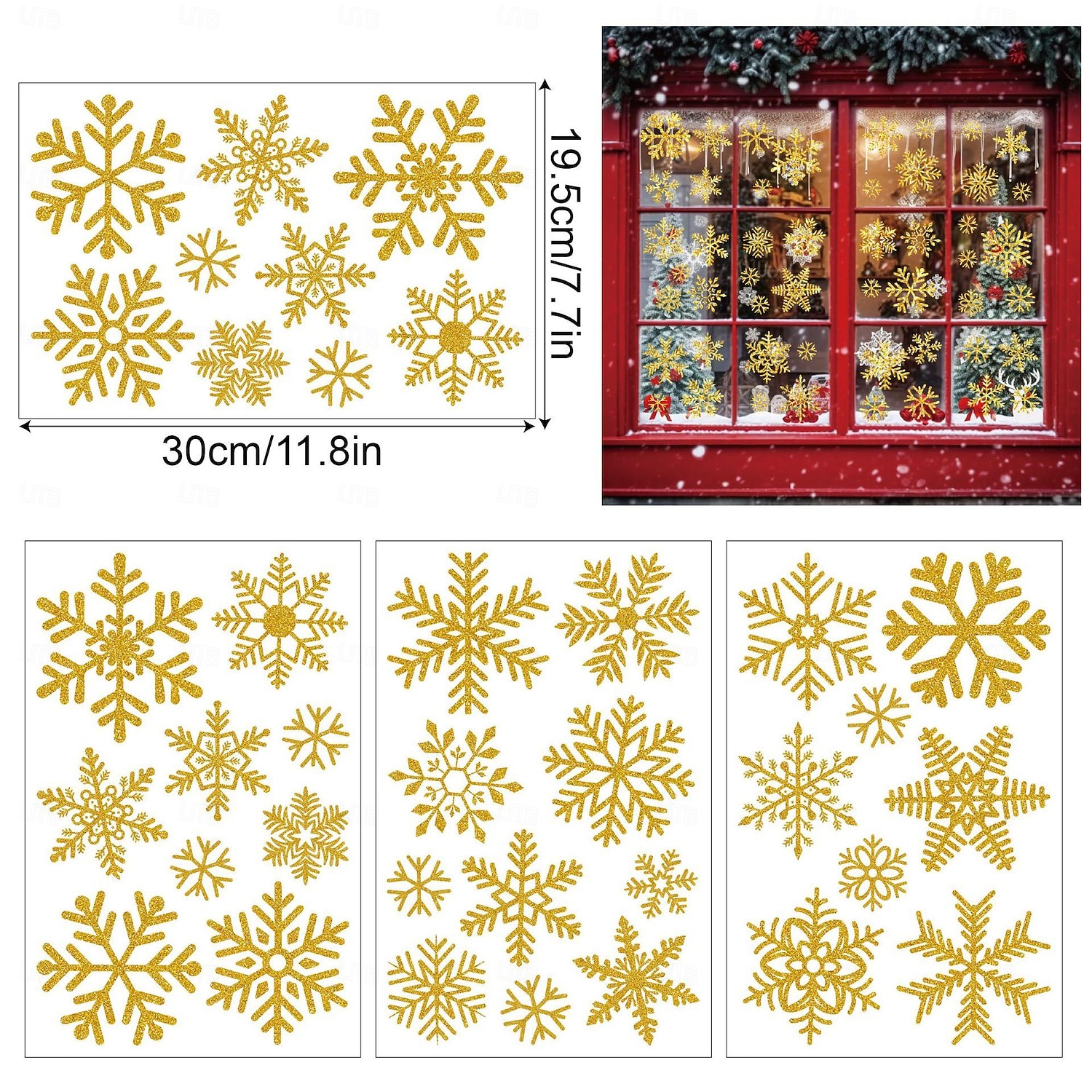 6 hojas de calcomanías de ventana y pegatinas de pared con copos de nieve: adhesivo estático dorado y plateado brillante, vidrio festivo y decoración de pared para Navidad, perfecto para ventanas, espejos y decoración del hogar 2026 - $10.99 –P3