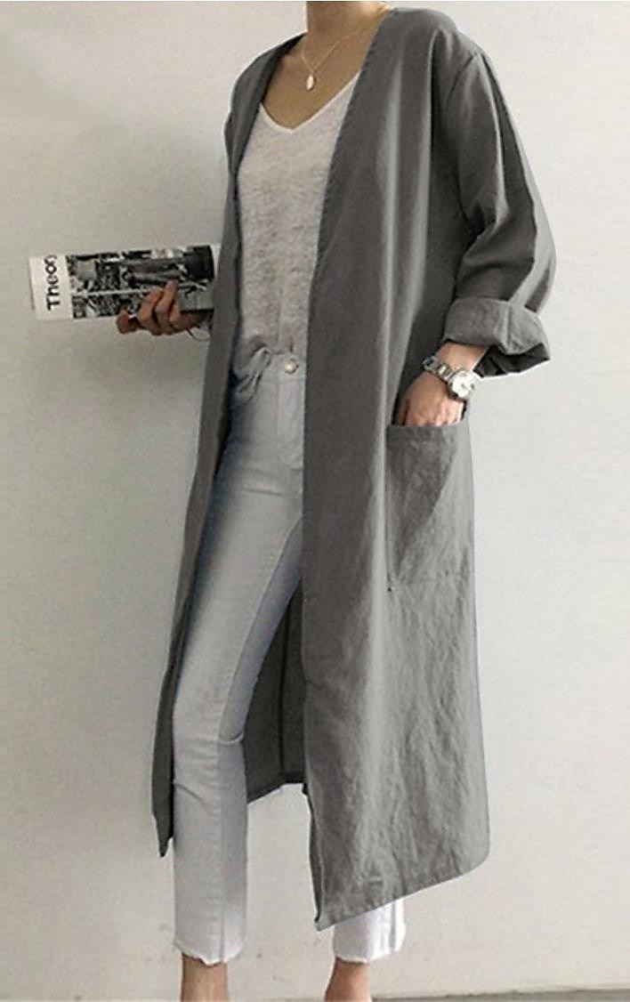 Damen Elegante Staubtücher Elegante Jacken Trenchcoat Büro Arbeit Frühling Herbst Lang Mantel Lässiger Schnitt Moderner Stil Jacken Langarm Einfarbig Einfach Tasche Oversize Hellblau Kaki Grau 2025 - $21.99 –P4